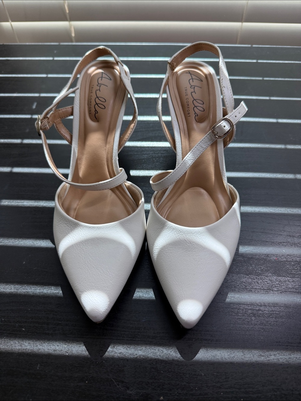 Abella White Pointed Toe Slingback Heels with Ankle Strap